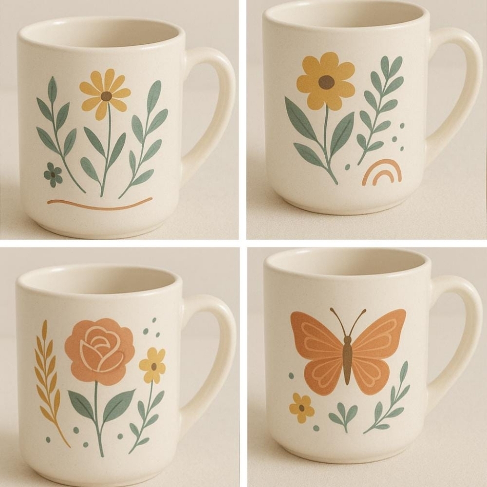 Butterfly Design Cream Mug Set Of 4